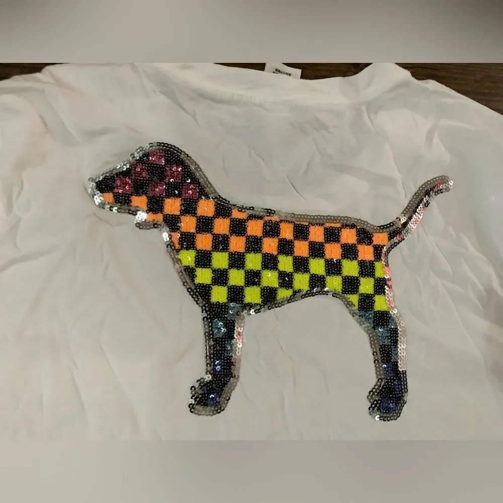 PINK VS CHECKERED RAINBOW BLING DOG CAMPUS TSHIRT XL